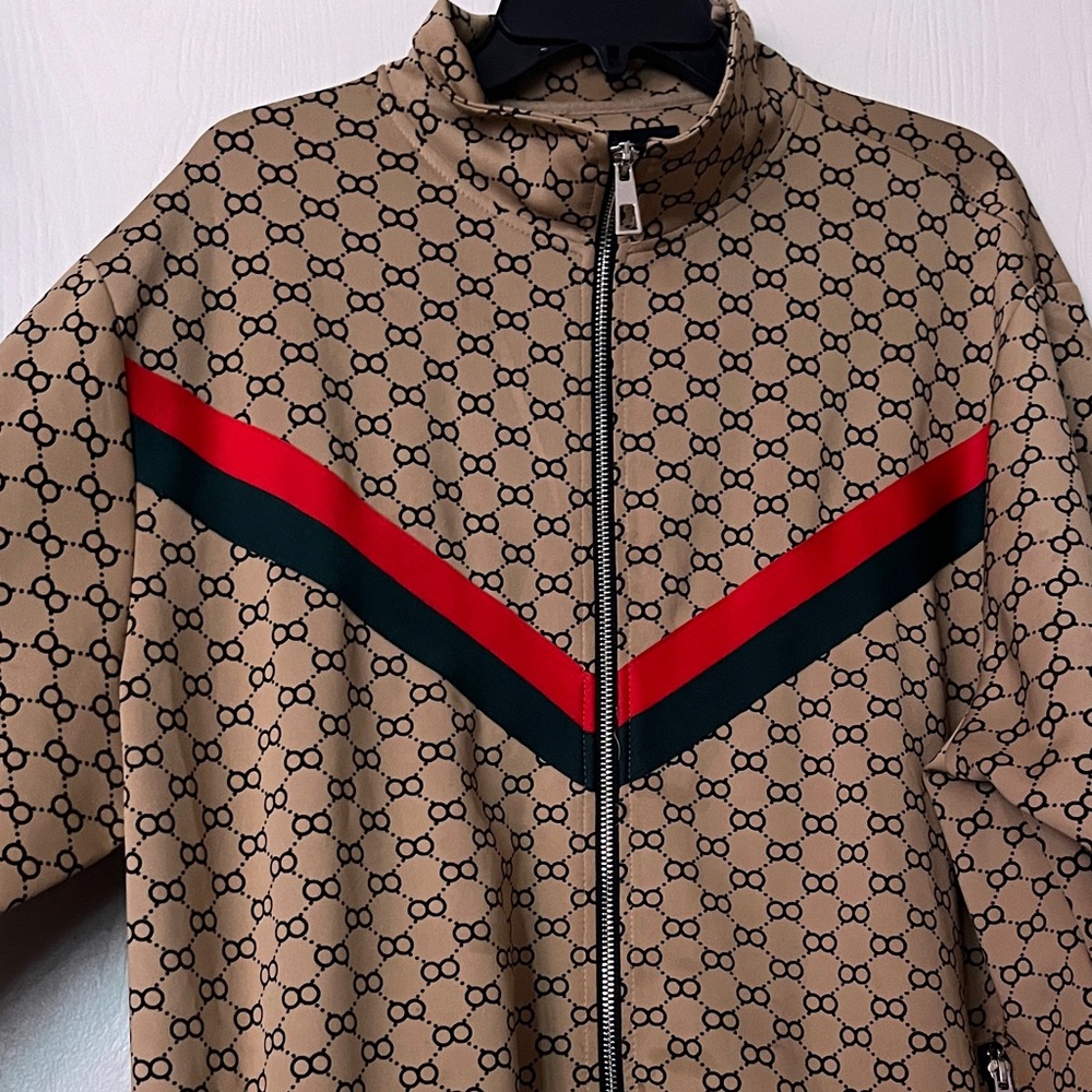 Giannii Size 2XL Beige and Red Patterned Bomber Jacket - Picture 3 of 6